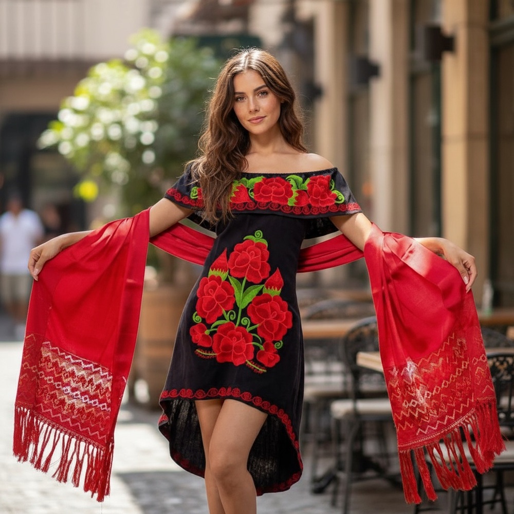 Mexican Floral Off-Shoulder Dress - Black and Red